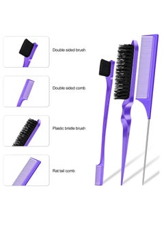 Red Blossom 3 Pcs Slick Brush Set, Plastic Bristle Hair Brush Teasing Comb Edge Hair Brush Teasing Brush Set, Rat Tail Comb Double Sided Edge Brush, for Hairdresser Women Baby Children (Purple)  - Image 3