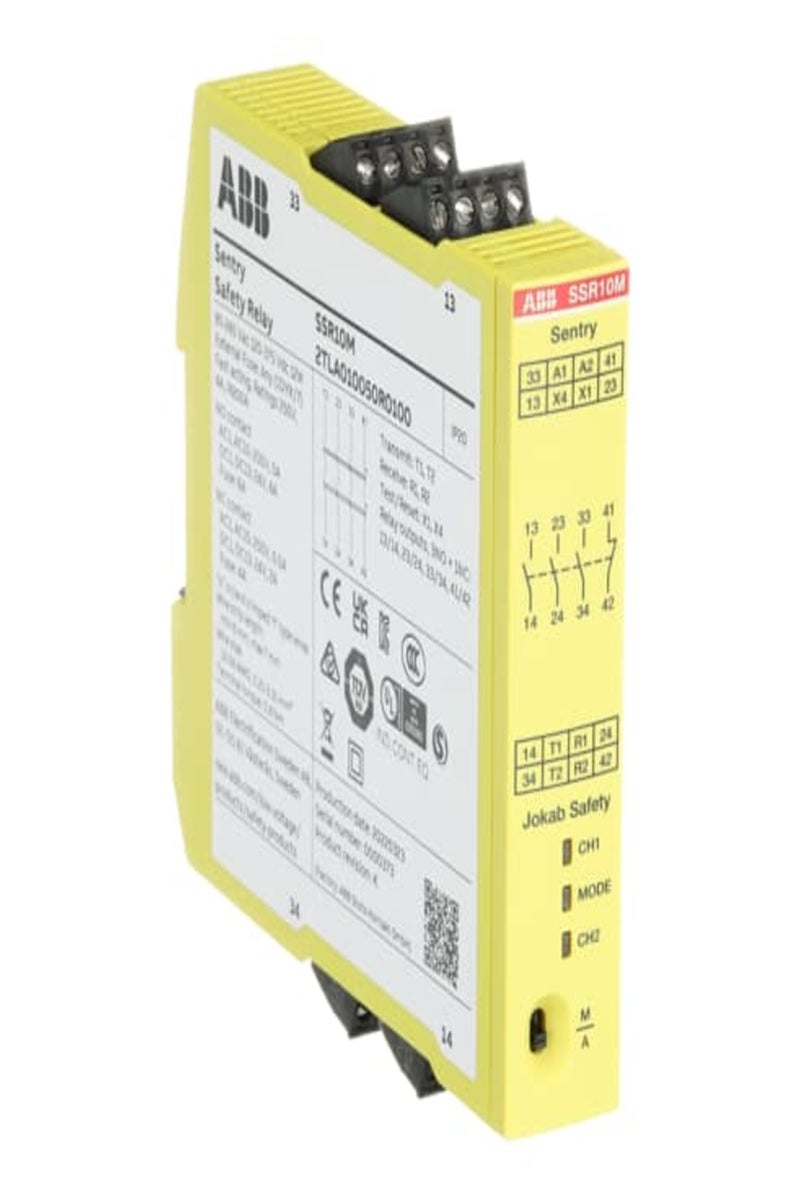 ABB 2TLA010050R0100 ABB  Sentry SSR10M Safety relay with relay outputs 3NO+1NC, 85-265 VAC/120-375 VDC supply voltage and screw terminals.
