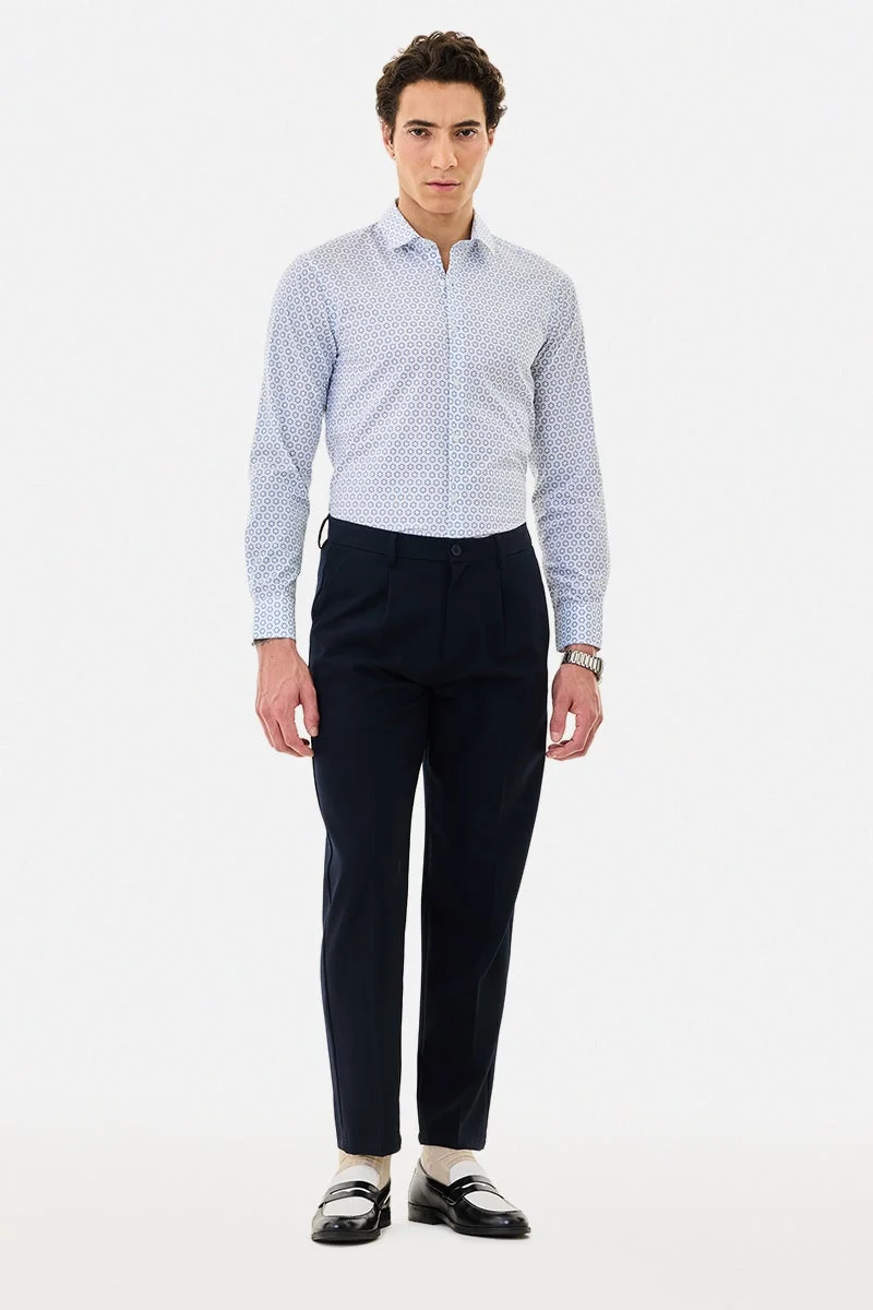 سنيتش White Geometric Long Sleeve Slim Fit Shirt