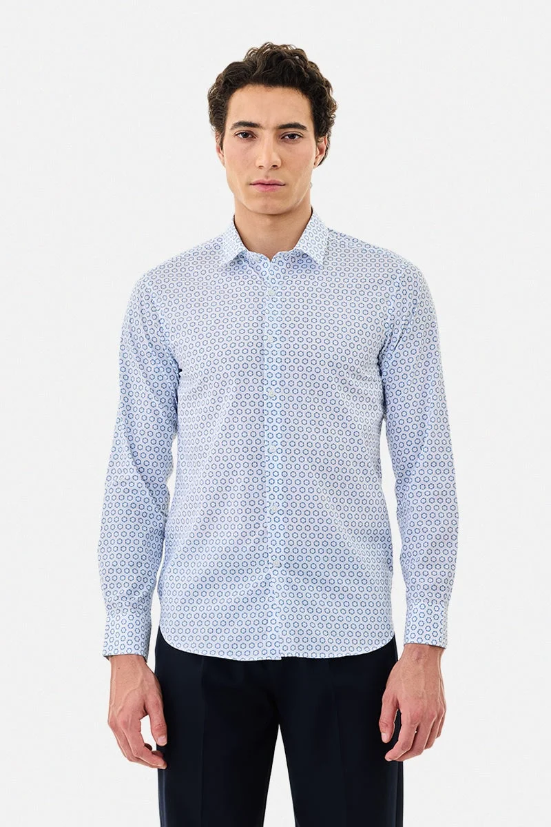 سنيتش White Geometric Long Sleeve Slim Fit Shirt