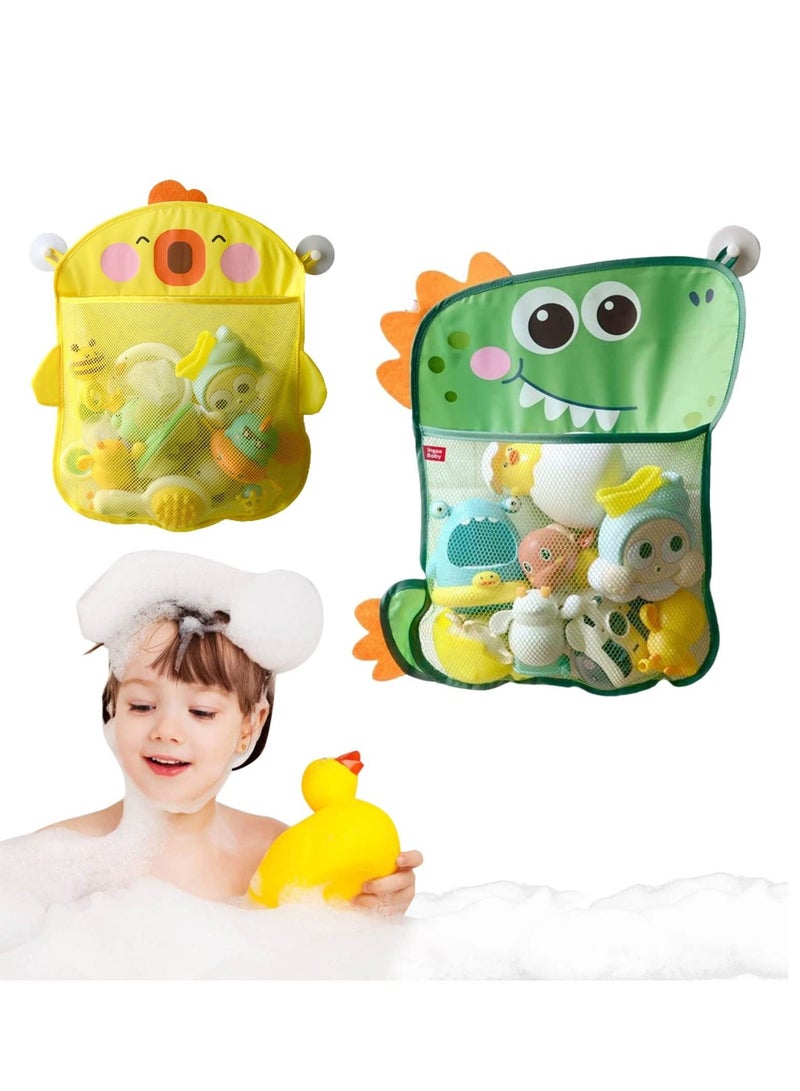 واي آند دي 2 Pack Mesh Bath Toy Organizer, Duck & Dinosaur Extra Storage Net 4 Strong Hooks, Shower Caddy Solution for Kids Toddlers - Image 1