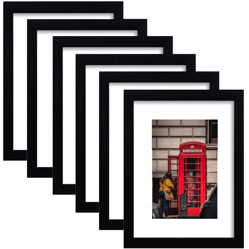 PWTAKO 11x14 Picture Frame Set of 6 Display Pictures 8x10 with Mat or 11x14 Without Mat for Wall MountingBlack
