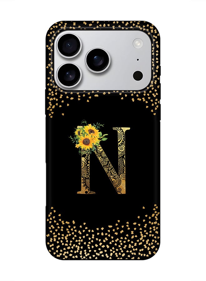 Stylizedd Tough Pro Magnetic Case for iPhone 17 Pro, Dual Layer hybrid PC + TPU Mobile Cover Matte - Custom Floral Monogram - N ( Black )