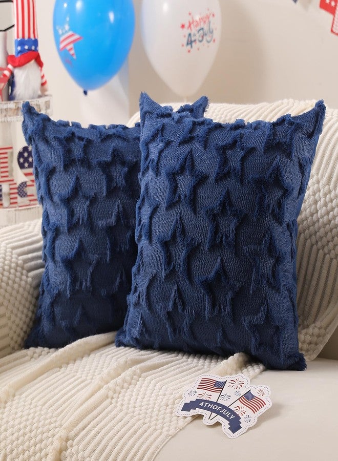 DFXSZ 4th of July Pillow Covers 18x18 inch Set of 2 4th of July Decor Blue Stars Decoration Blue Soft Plush Faux Fur Jacquard Throw Pillows Independence Day Decorations for Home Sofa PTK029A18 - Image 1