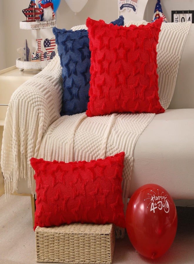 DFXSZ 4th of July Pillow Covers 18x18 inch Set of 2 4th of July Decor Blue Stars Decoration Blue Soft Plush Faux Fur Jacquard Throw Pillows Independence Day Decorations for Home Sofa PTK029A18 - Image 5