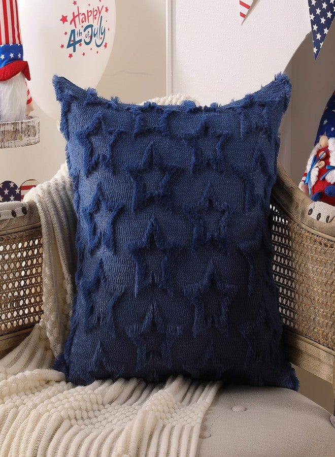 DFXSZ 4th of July Pillow Covers 18x18 inch Set of 2 4th of July Decor Blue Stars Decoration Blue Soft Plush Faux Fur Jacquard Throw Pillows Independence Day Decorations for Home Sofa PTK029A18 - Image 3