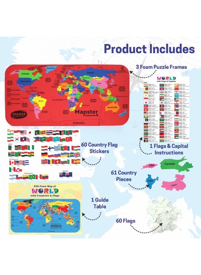 Chanak MapsterWorld Map Puzzle for Kids Educational Foam Puzzle with 61 Country Colorful Foam Shaped Pieces, 60 Flags & Stickers, Geography Fun & Learning Toy Set for Ages 5+ Years - Image 5