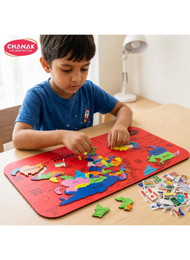 Chanak MapsterWorld Map Puzzle for Kids Educational Foam Puzzle with 61 Country Colorful Foam Shaped Pieces, 60 Flags & Stickers, Geography Fun & Learning Toy Set for Ages 5+ Years - Image 1