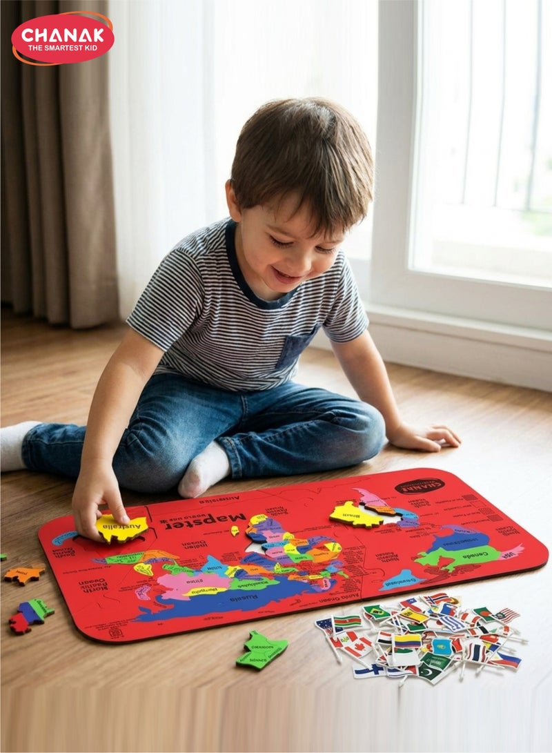 Chanak MapsterWorld Map Puzzle for Kids Educational Foam Puzzle with 61 Country Colorful Foam Shaped Pieces, 60 Flags & Stickers, Geography Fun & Learning Toy Set for Ages 5+ Years - Image 1