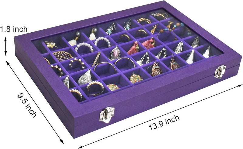 Siveit Jewelry Tray Organizer Box 48 Grid Jewelry Display Organizer Box with Transparent Lid Rings Earrings Necklaces Pendants Display Box Suitable for Women and Girls (48 Grid, Purple) - Image 3