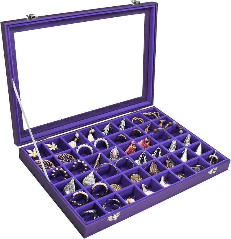 Siveit Jewelry Tray Organizer Box 48 Grid Jewelry Display Organizer Box with Transparent Lid Rings Earrings Necklaces Pendants Display Box Suitable for Women and Girls (48 Grid, Purple) - Image 1