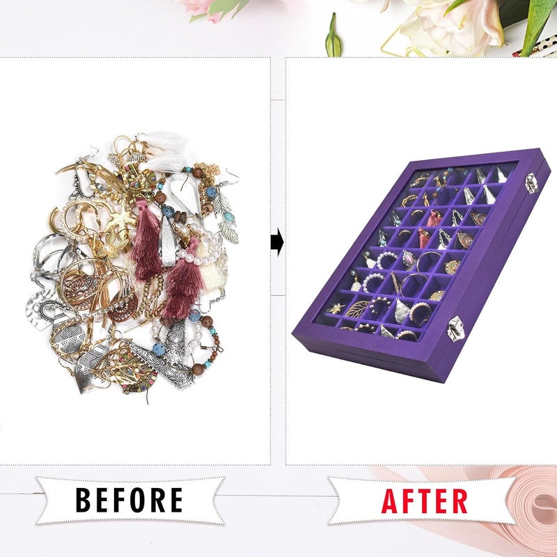 Siveit Jewelry Tray Organizer Box 48 Grid Jewelry Display Organizer Box with Transparent Lid Rings Earrings Necklaces Pendants Display Box Suitable for Women and Girls (48 Grid, Purple) - Image 5