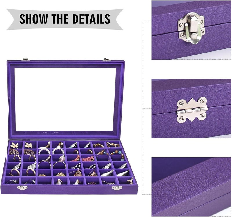 Siveit Jewelry Tray Organizer Box 48 Grid Jewelry Display Organizer Box with Transparent Lid Rings Earrings Necklaces Pendants Display Box Suitable for Women and Girls (48 Grid, Purple) - Image 4