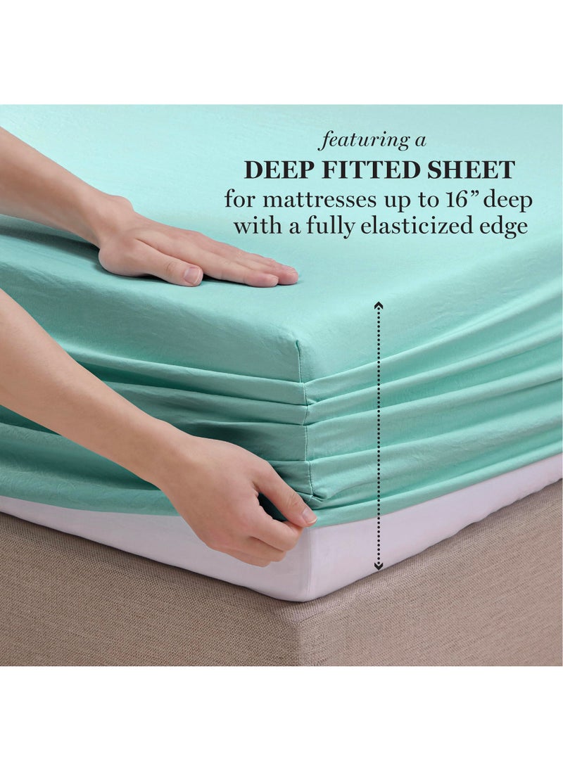 MARTHA STEWART Ultra Soft Brushed and Washed Microfiber 4 Piece Sheet Set  Easy Care  Comfy Bed Sheets with Secure Deep Pocket up to 16""  1 Flat and Fitted Sheet  2 King Pillowcases  King Size  Aqua