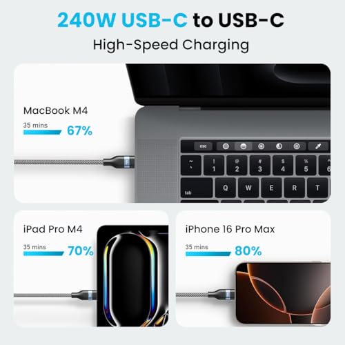 Verilux® 2-Pack 240W Type C Cable Fast Charging 6.6Ft/2M, 480Mbps Data Cable C Type Fast Charging, Braided C Type Charger Cable for iPhone 16/16 Plus/16 Pro/15, Galaxy S24/S23, MacBook, iPad - Image 5
