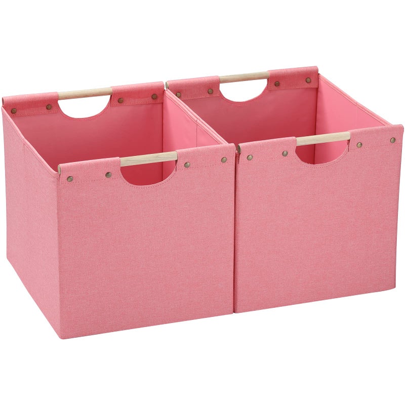 HOONEX HOONEX Large Foldable Storage Bins Linen Fabric Pack of 2 Storage Baskets with Wooden Carry Handles and Sturdy Heavy Cardboard for Home Office Car Nursery Pink