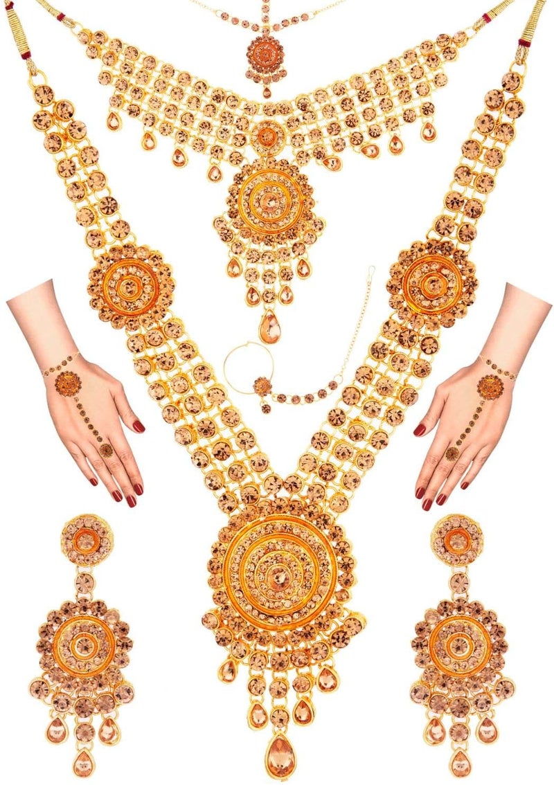 Efulgenz Indian Bridal Jewelry Set - Kundan Rhinestone Necklace, Earrings, Maang Tikka, and Bracelet - Image 1