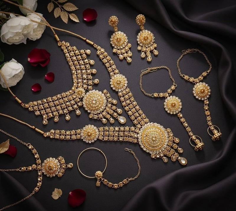 Efulgenz Indian Bridal Jewelry Set - Kundan Rhinestone Necklace, Earrings, Maang Tikka, and Bracelet - Image 2