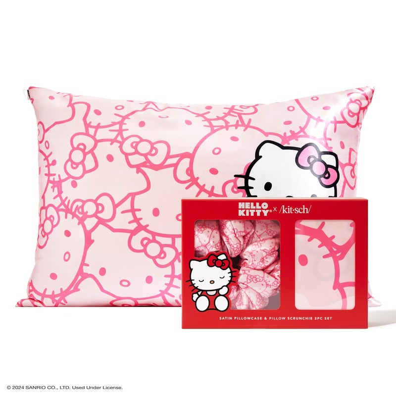 Kitsch Hello Kitty x Kitsch Satin Pillowcase | Softer Than Silk for Hair & Skin  Machine Washable  Wrinkle-Free  Standard Size  and Satin Scrunchies No-Damage Silk Hair Ties - Pink Kitty Faces  2pc Set  - Image 1