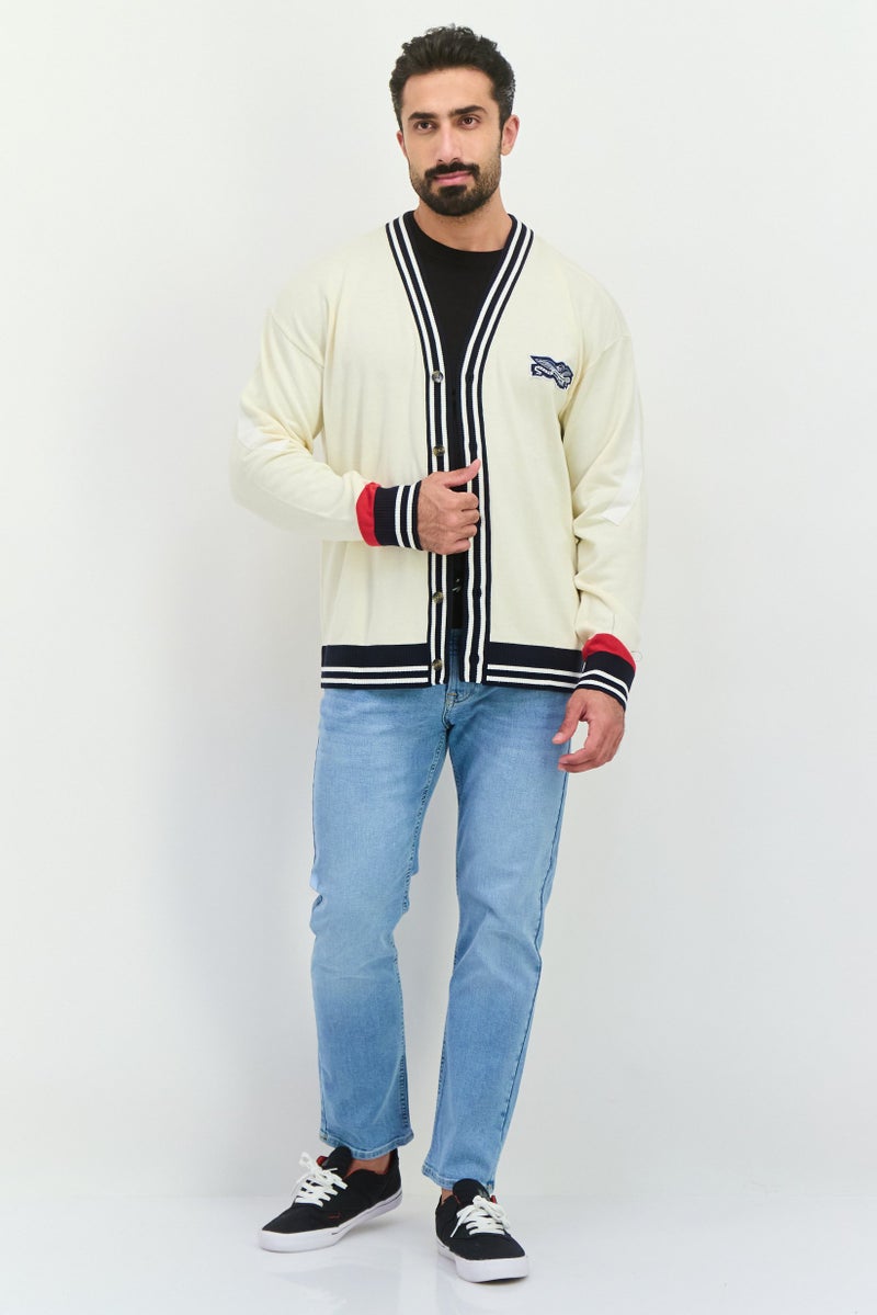 PERRY ELLIS Men V Neck Embroidered Cardigan, Cream - Image 4