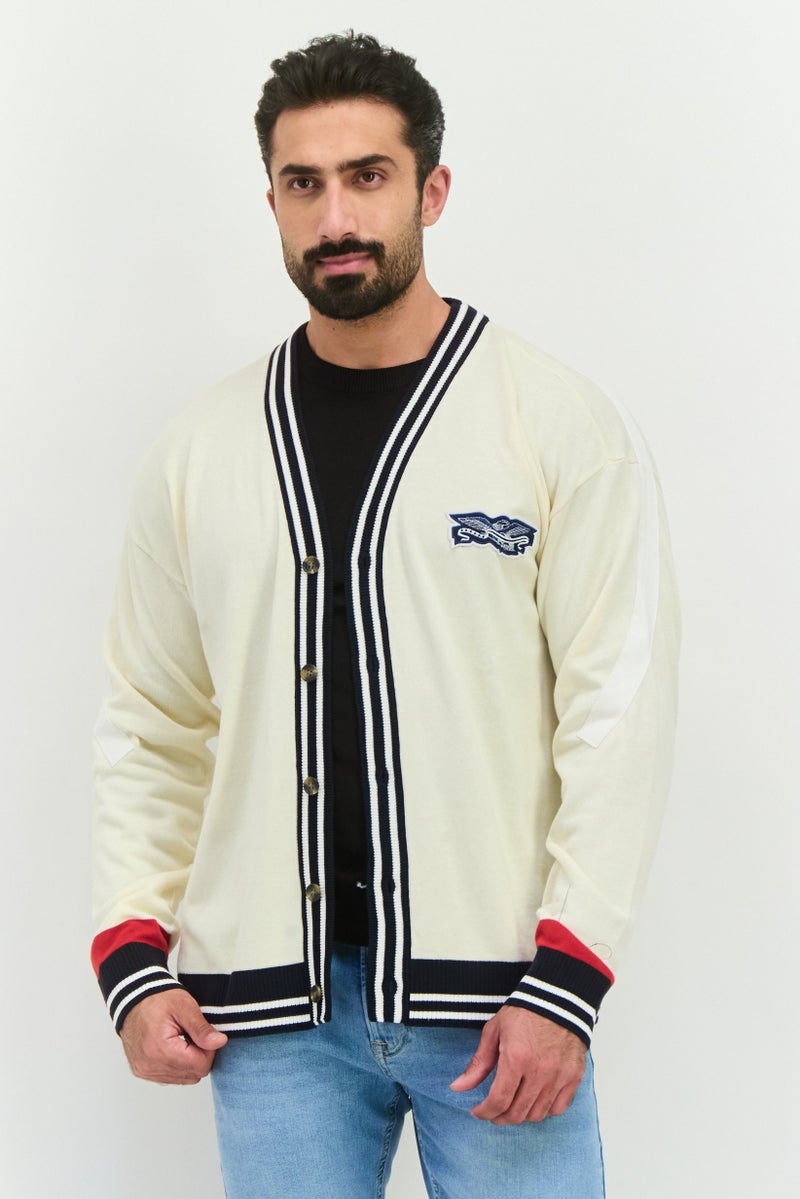 PERRY ELLIS Men V Neck Embroidered Cardigan, Cream - Image 1