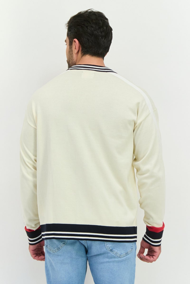PERRY ELLIS Men V Neck Embroidered Cardigan, Cream - Image 3