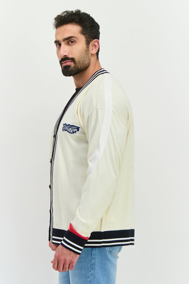 PERRY ELLIS Men V Neck Embroidered Cardigan, Cream - Image 2