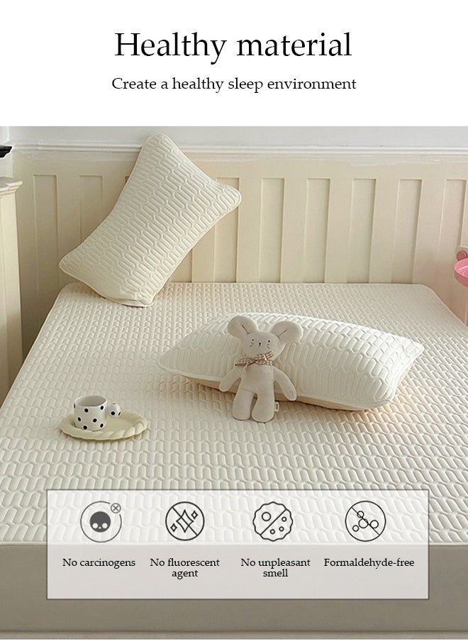 DUNISO 3-Piece of Ice Silk Cooling Bedding Set,Extreme Heat Cooling Bedding Set,Anti-Slip Latex Cool Silk Bed Cover with Pillowcases,Latex Mattress Pad for Summer Heat,Breathable Sheets,Night Sweat Relief,150*200CM,Ivory White  - Image 4