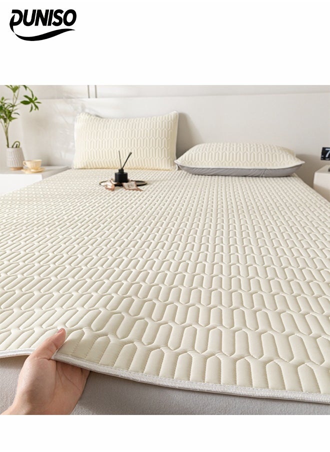 DUNISO 3-Piece of Ice Silk Cooling Bedding Set,Extreme Heat Cooling Bedding Set,Anti-Slip Latex Cool Silk Bed Cover with Pillowcases,Latex Mattress Pad for Summer Heat,Breathable Sheets,Night Sweat Relief,150*200CM,Ivory White  - Image 1