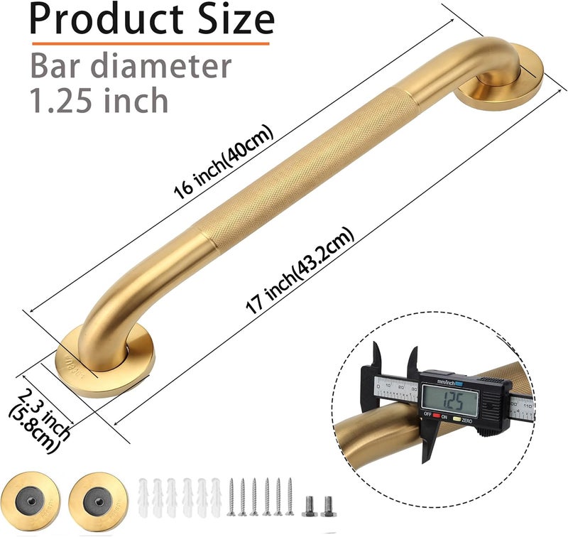 Rackickyer Shower Grab Bar, 2 Pack 16 Inch Gold Bathroom Grab Bar, 1.25" Diameter 304 Stainless Steel Anti-Slip Grab Bars for Bathtubs and Showers, Handicap Shower Grab Bar for Seniors Elderly - Image 2