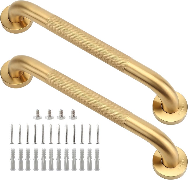 Rackickyer Shower Grab Bar, 2 Pack 16 Inch Gold Bathroom Grab Bar, 1.25" Diameter 304 Stainless Steel Anti-Slip Grab Bars for Bathtubs and Showers, Handicap Shower Grab Bar for Seniors Elderly - Image 1