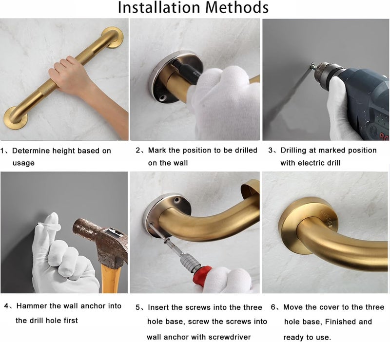 Rackickyer Shower Grab Bar, 2 Pack 16 Inch Gold Bathroom Grab Bar, 1.25" Diameter 304 Stainless Steel Anti-Slip Grab Bars for Bathtubs and Showers, Handicap Shower Grab Bar for Seniors Elderly - Image 5