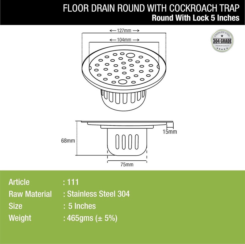 LIPKA Round Floor Drain 304Grade Stainless Steel 5 x 5 Inches with Cockroach TrapJali Lock - Image 2