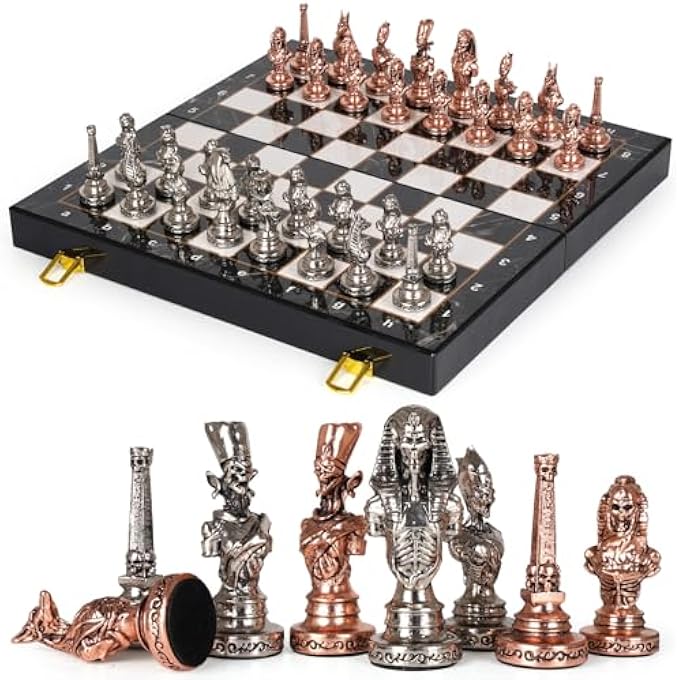 Kvintes Large Egyptian Metal Chess Set for Adults with Travel Foldable Marbling 15-Inch Chess Board - Weighted Metal Chess Pieces- Luxurious Chess Sets for Collectors Family Vintage Board Game - Image 2