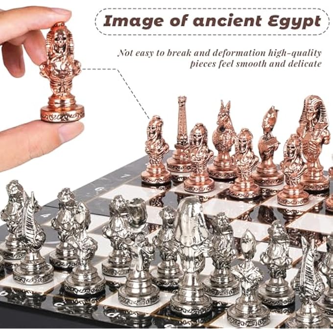 Kvintes Large Egyptian Metal Chess Set for Adults with Travel Foldable Marbling 15-Inch Chess Board - Weighted Metal Chess Pieces- Luxurious Chess Sets for Collectors Family Vintage Board Game - Image 4
