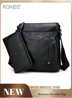 roaiss 2-Piece Men's Business Leather Shoulder Bag Same Color Zipper Closure Wallet Combination Adjustable Shoulder Strap Crossbody Bag  - Image 2
