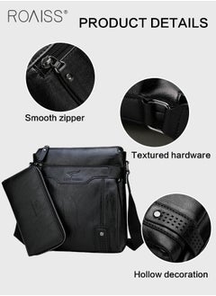 roaiss 2-Piece Men's Business Leather Shoulder Bag Same Color Zipper Closure Wallet Combination Adjustable Shoulder Strap Crossbody Bag  - Image 4