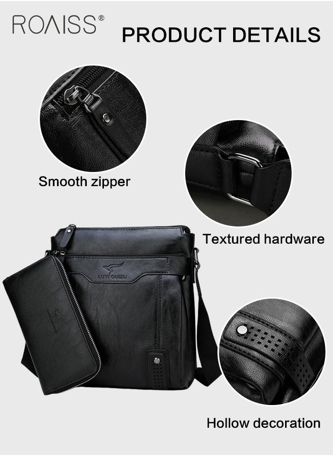 roaiss 2-Piece Men's Business Leather Shoulder Bag Same Color Zipper Closure Wallet Combination Adjustable Shoulder Strap Crossbody Bag  - Image 4
