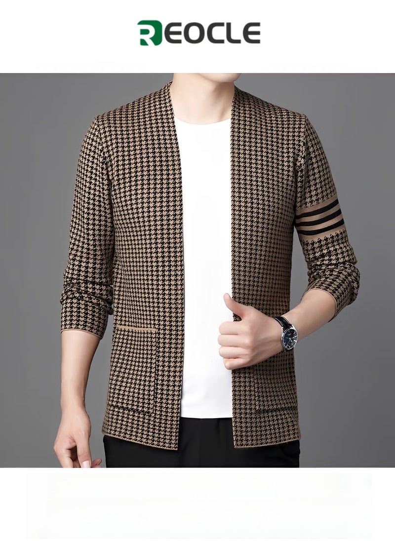 REOCLE Men's Knitted Cardigan Long Sleeve Jacket Cotton Sweater with Pockets Jacket Outerwear  - Image 1