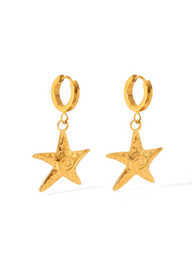 Ucanbe Vacation Style Hammered Starfish Earrings – Gold Plated Stainless Steel Ocean Themed Ear Jewelry - Image 1