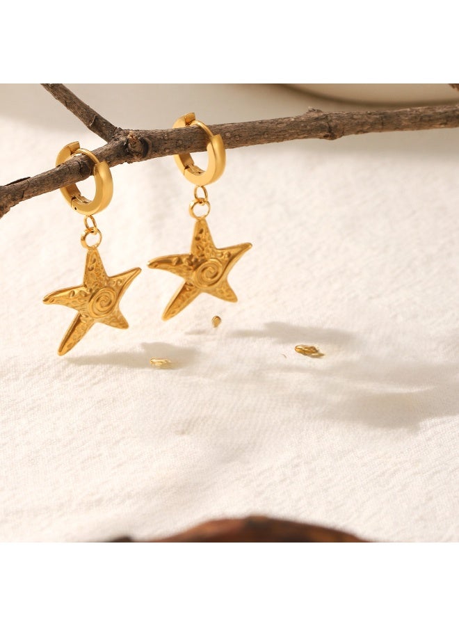 Ucanbe Vacation Style Hammered Starfish Earrings – Gold Plated Stainless Steel Ocean Themed Ear Jewelry - Image 3