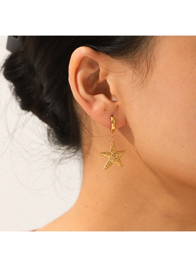 Ucanbe Vacation Style Hammered Starfish Earrings – Gold Plated Stainless Steel Ocean Themed Ear Jewelry - Image 2
