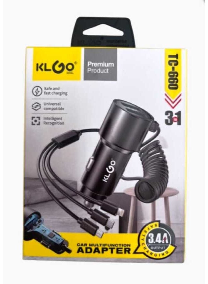 3 in 1 Integrated Car Charger USB C Lightning Micro USB Plus 2 USB A Cables 33W Black