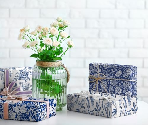 ZINTBIAL Blue White Floral Wrapping Paper for Women Girls Gift Wrap With Flowers and Plants for Birthday Wedding Bridal Shower 20 x 29 Inches 8 Folded Sheets Easy to Store - Image 5
