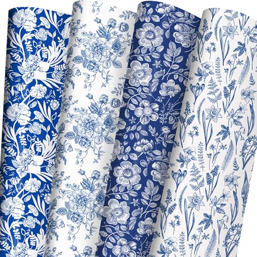 ZINTBIAL Blue White Floral Wrapping Paper for Women Girls Gift Wrap With Flowers and Plants for Birthday Wedding Bridal Shower 20 x 29 Inches 8 Folded Sheets Easy to Store - Image 2