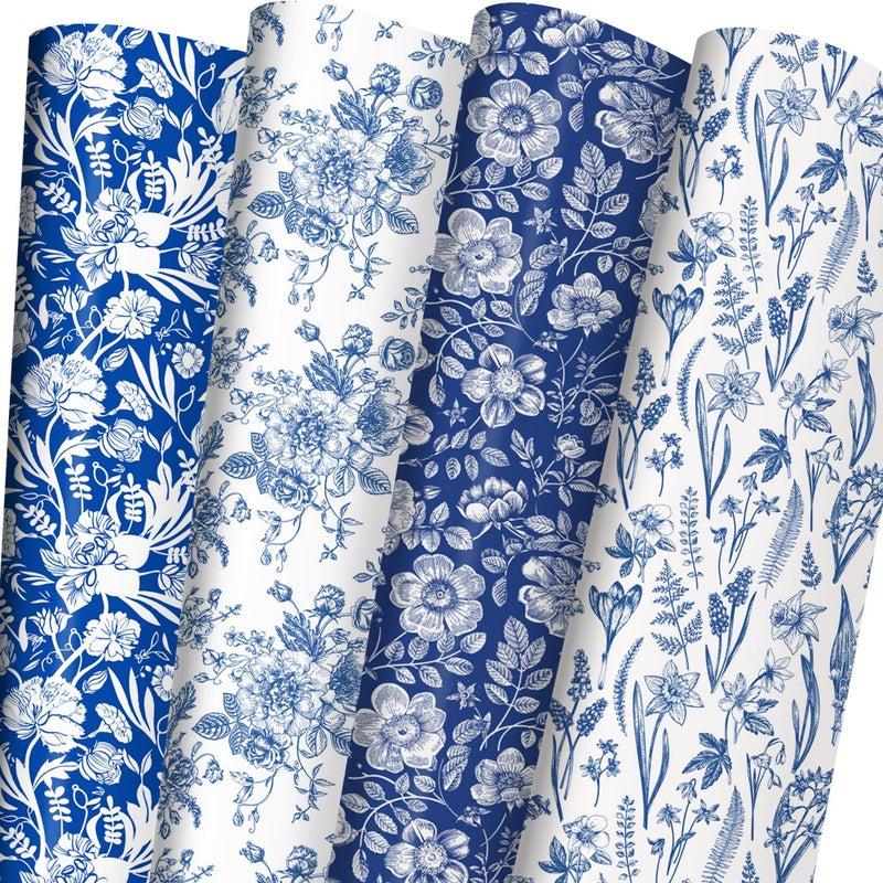 ZINTBIAL Blue White Floral Wrapping Paper for Women Girls Gift Wrap With Flowers and Plants for Birthday Wedding Bridal Shower 20 x 29 Inches 8 Folded Sheets Easy to Store - Image 3