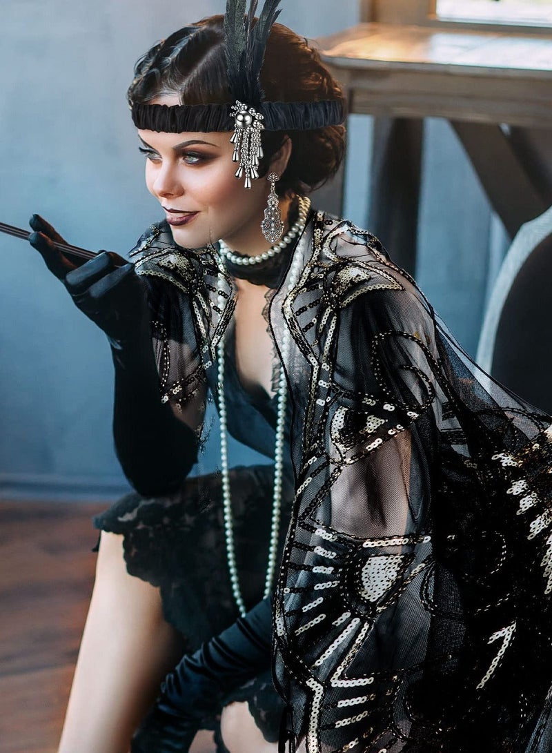 Party Dress Up Set, 1920s Flapper Accessories Set for Women, Fancy Dress Party Accessories with Flapper Headband Long Gloves Pearl Necklace, Great Gatsby Theme Party Accessories (A4) - Image 5