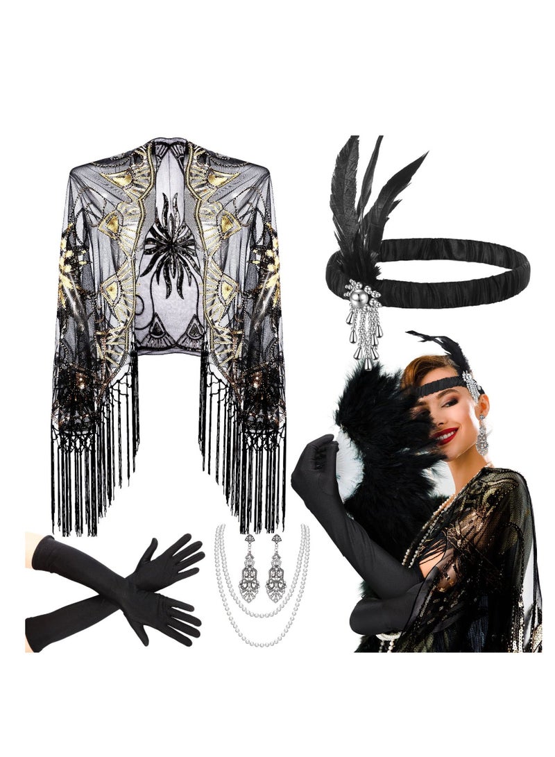Party Dress Up Set, 1920s Flapper Accessories Set for Women, Fancy Dress Party Accessories with Flapper Headband Long Gloves Pearl Necklace, Great Gatsby Theme Party Accessories (A4) - Image 1
