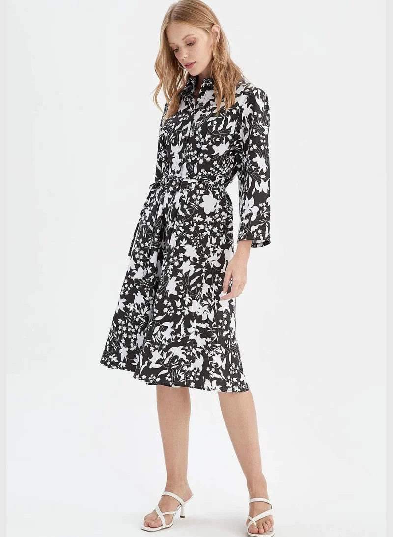 DeFacto Long Sleeve Floral Print Belted Midi Dress