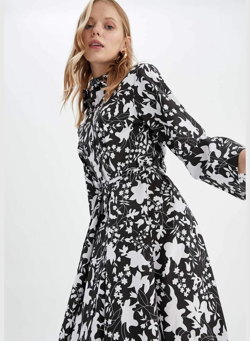 DeFacto Long Sleeve Floral Print Belted Midi Dress